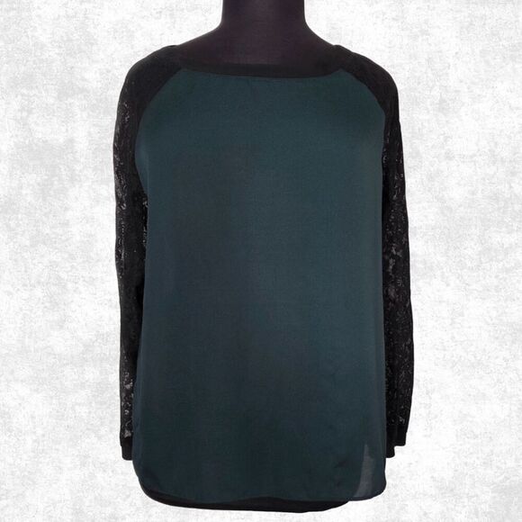 LOFT Women’s XL Hunter Green Lace Sleeve Blouse – Raglan Sheer Black Top - Picture 1 of 6